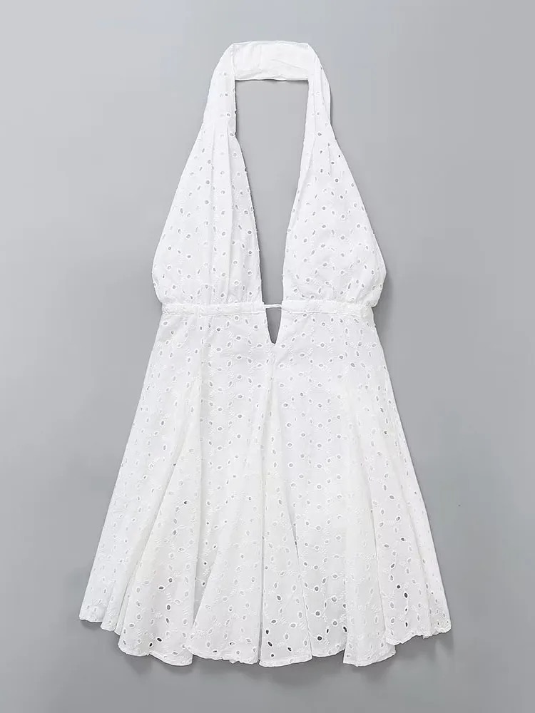 Robe Courte Femme à Col Halter Dos Nu avec Broderies