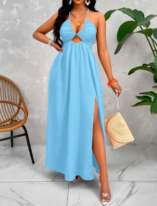 Robe Maxi à Liens Croisés Dos Nu Bleue pour Femme