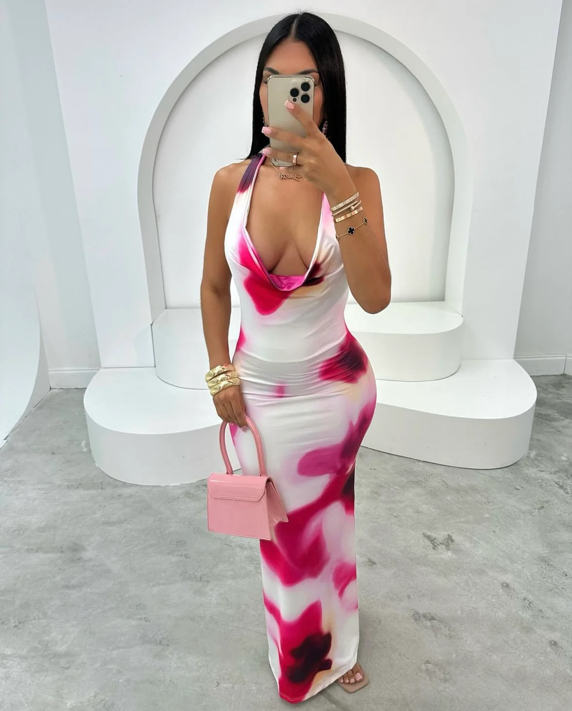 Robe Tie-Dye Femme Décolleté en V Dos Nu avec Détails de Bretelles