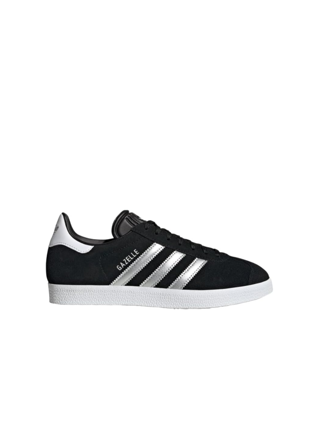 Adidas Gazelle Noir stripes couleur argenté avec des Semelles Blanches