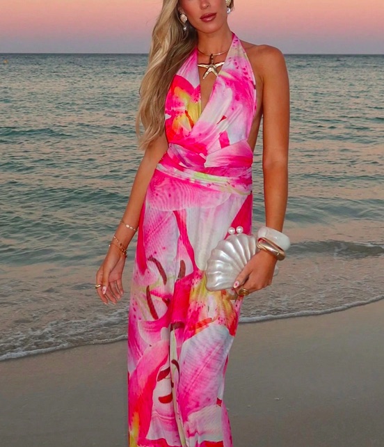 Robe Decollete en V Dos Nu avec Details Imprime Floral