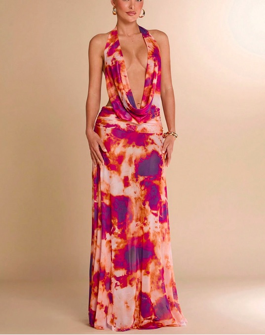 Robe Tie-Dye Femme Decollete en V Dos Nu avec Details de Bretelles Rouge